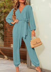 PRETTYGARDEN Women's Fall Jumpsuits Dressy Casual Pants Romper Spring Long Sleeve V Neck Belt Pockets One Piece Outfits