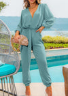 PRETTYGARDEN Women's Fall Jumpsuits Dressy Casual Pants Romper Spring Long Sleeve V Neck Belt Pockets One Piece Outfits