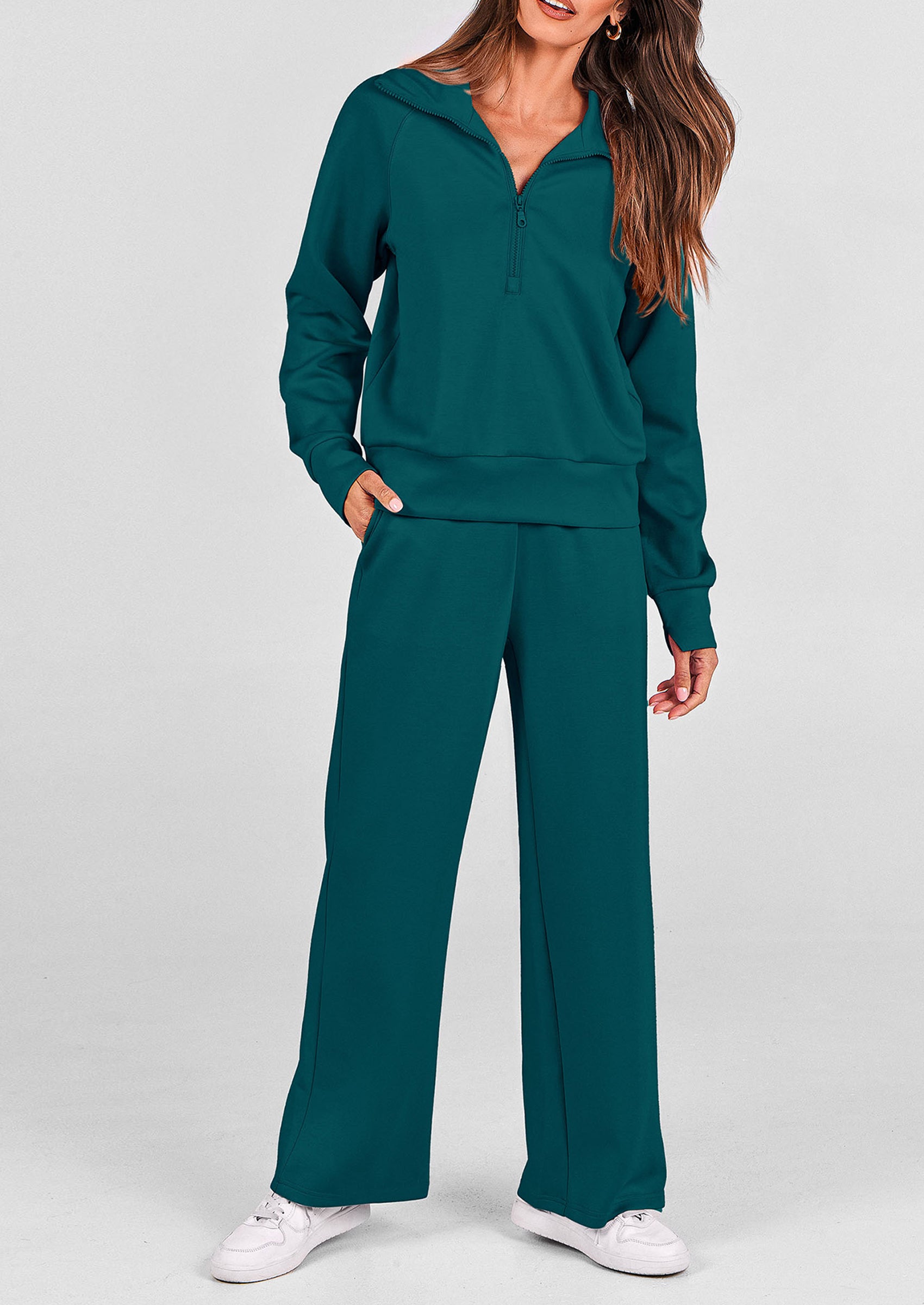 PRETTYGARDEN Women's 2 Piece Outfits Casual Lapel Half Zip Sweatshirts And Wide Leg Pants Tracksuit Sets