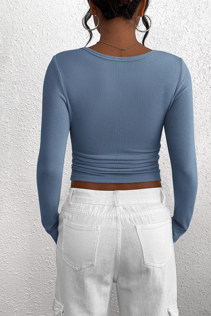 PRETTYGARDEN Women's Spring Fall Long Sleeve Henley T Shirts Button Ribbed Knit Slim Fit Casual Basic Tops Blouse