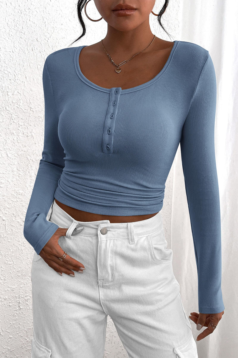 PRETTYGARDEN Women's Spring Fall Long Sleeve Henley T Shirts Button Ribbed Knit Slim Fit Casual Basic Tops Blouse