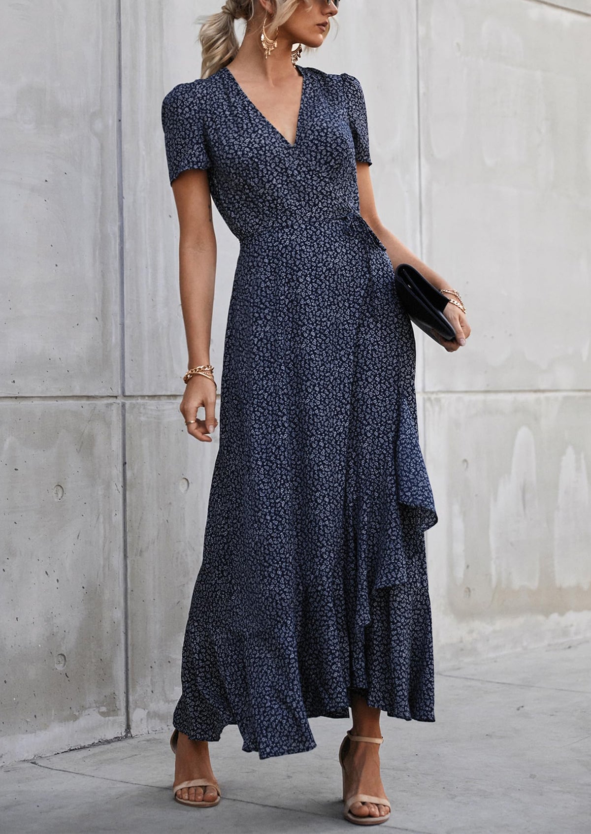 Floral V Neck Short Sleeve Midi Dresses