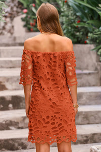 Off Shoulder Vintage Floral Lace Flare Short Sleeve Loose Elegant Mini Dress