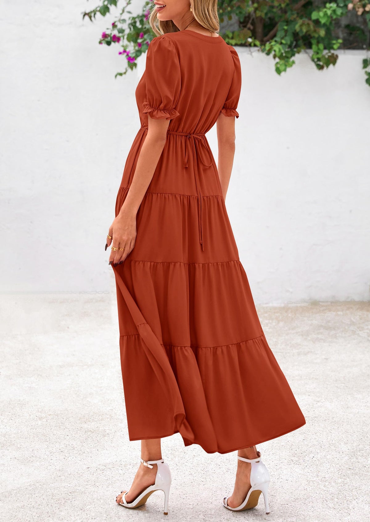 Casual Short Sleeve V Neck Tiered Flowy Beach Vacation Maxi Dress with Pockets