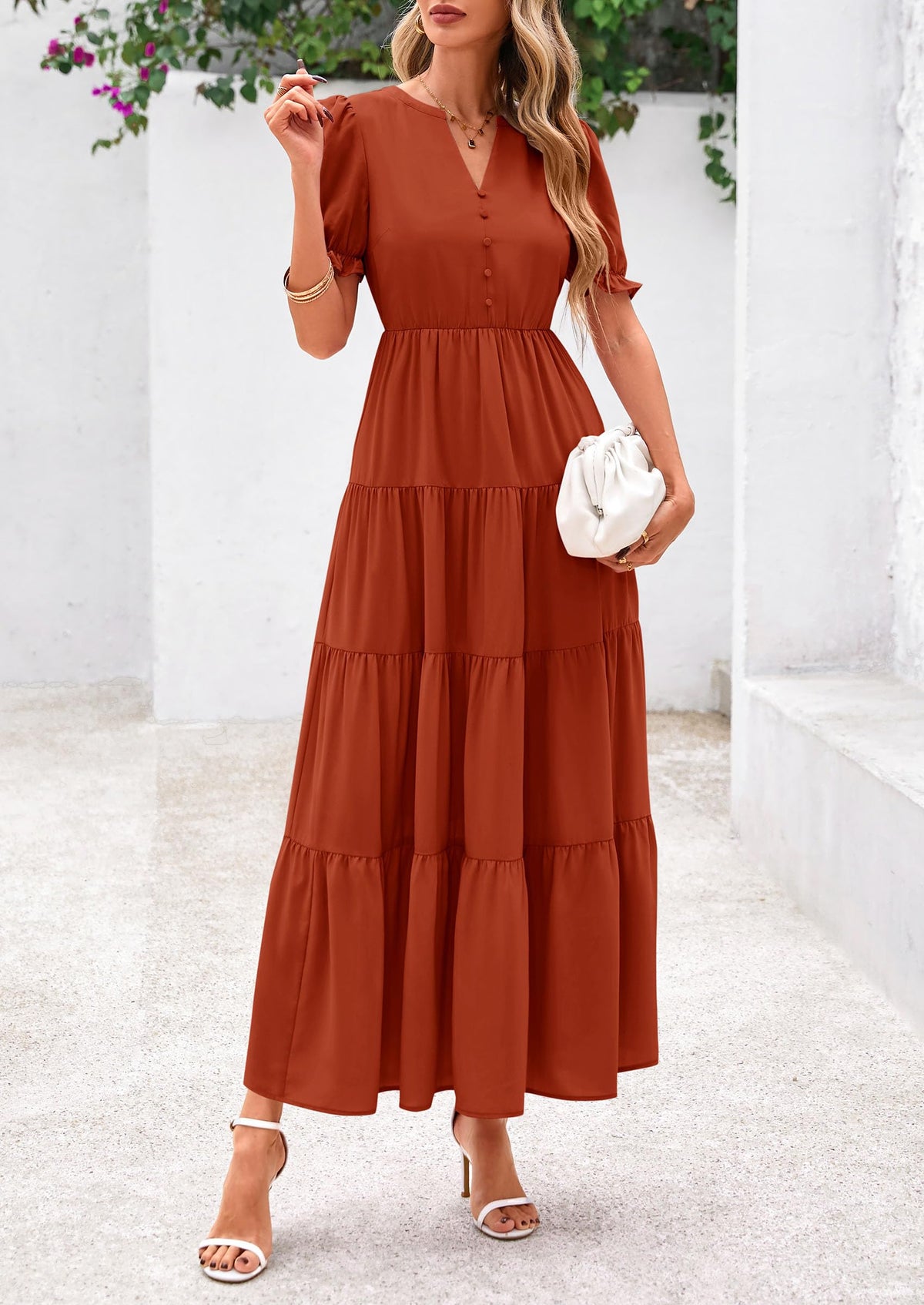 Casual Short Sleeve V Neck Tiered Flowy Beach Vacation Maxi Dress with Pockets