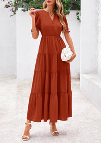 Casual Short Sleeve V Neck Tiered Flowy Beach Vacation Maxi Dress with Pockets