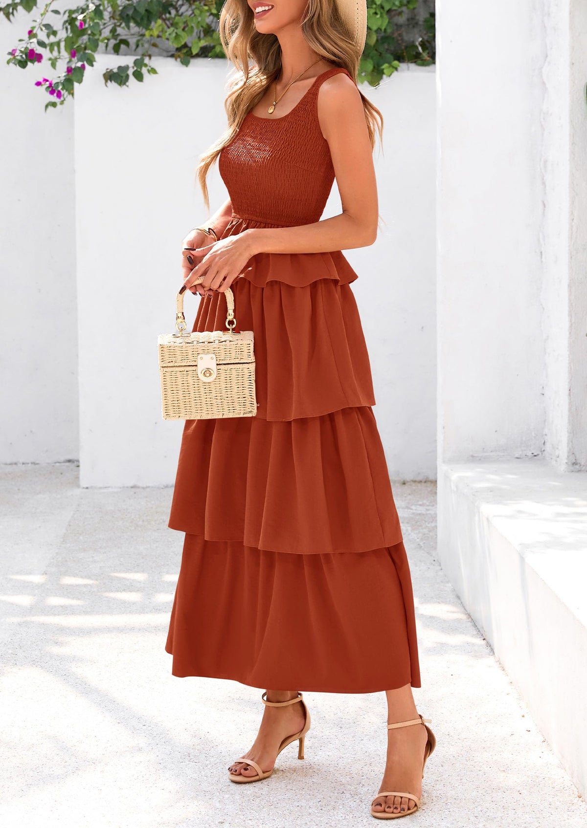 Sleeveless Scoop Neck Smocked A Line Tiered Beach Midi Dress