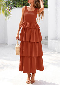 Sleeveless Scoop Neck Smocked A Line Tiered Beach Midi Dress
