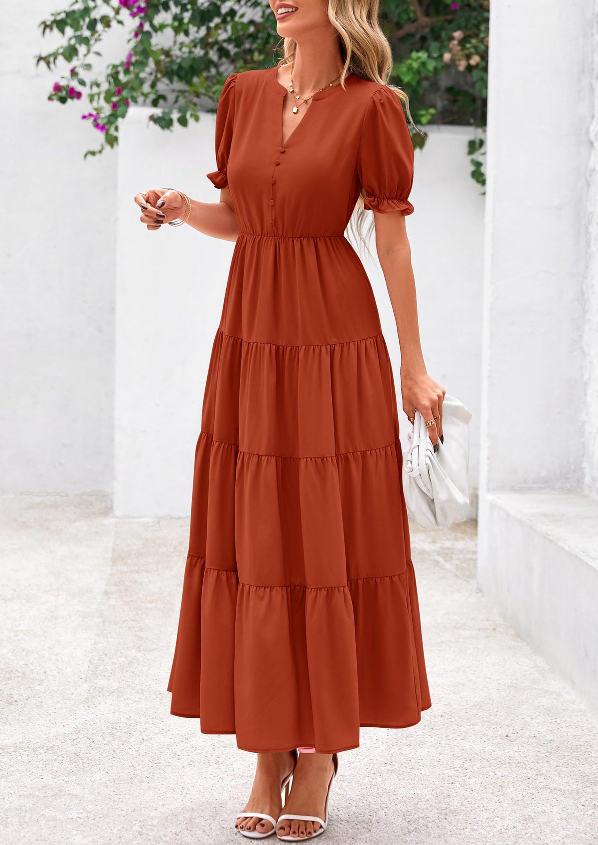 Casual Short Sleeve V Neck Tiered Flowy Beach Vacation Maxi Dress with Pockets