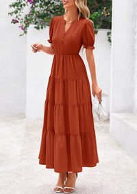 Casual Short Sleeve V Neck Tiered Flowy Beach Vacation Maxi Dress with Pockets