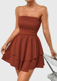 Strapless Tube  Off Shoulder Smocked Ruffle A Line Mini Dress