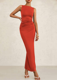 Sleeveless Ruched Bodycon Slit Long Maxi Dresses