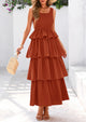 Sleeveless Scoop Neck Smocked A Line Tiered Beach Midi Dress