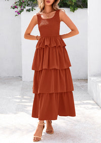 Sleeveless Scoop Neck Smocked A Line Tiered Beach Midi Dress