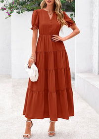Casual Short Sleeve V Neck Tiered Flowy Beach Vacation Maxi Dress with Pockets
