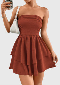 Strapless Tube  Off Shoulder Smocked Ruffle A Line Mini Dress