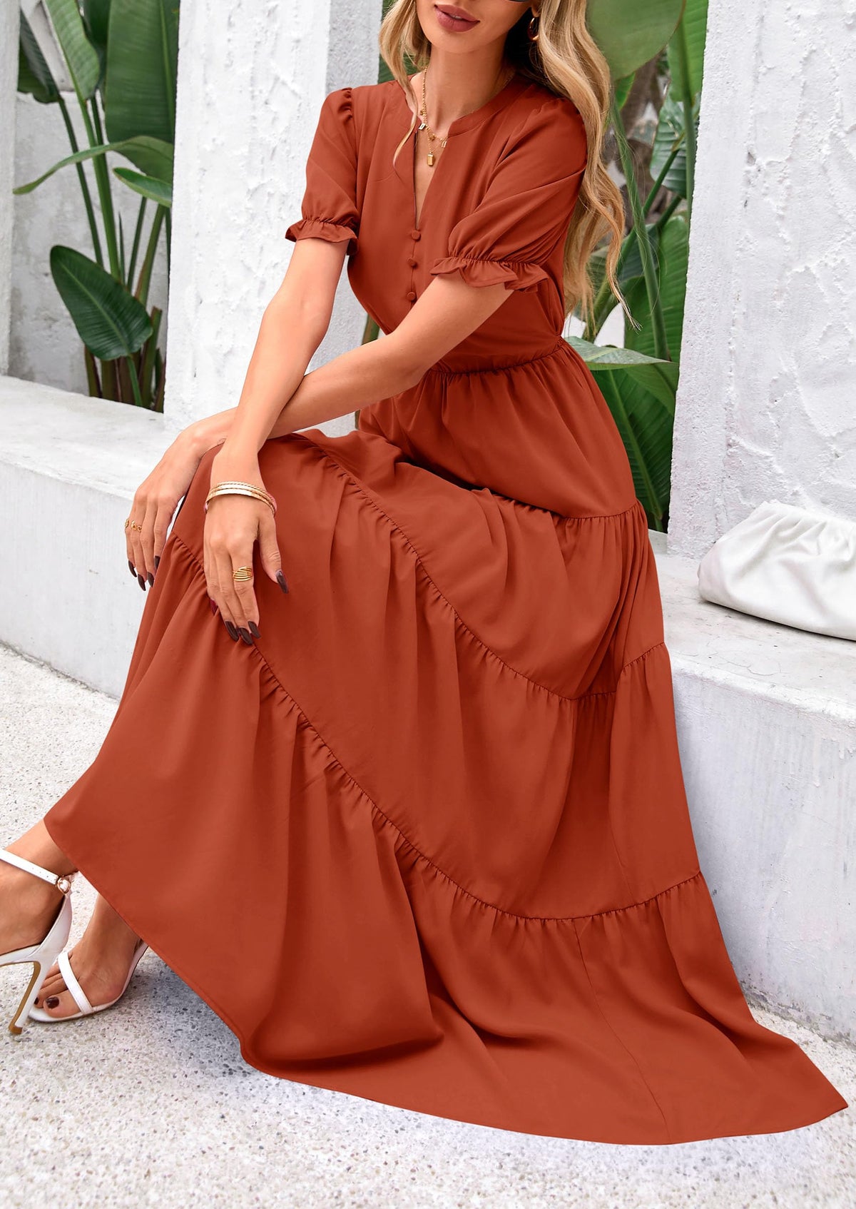 Casual Short Sleeve V Neck Tiered Flowy Beach Vacation Maxi Dress with Pockets