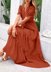 Casual Short Sleeve V Neck Tiered Flowy Beach Vacation Maxi Dress with Pockets