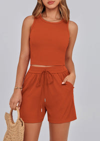 Solid Color Casual Sleeveless Two Piece Sets