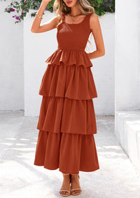 Sleeveless Scoop Neck Smocked A Line Tiered Beach Midi Dress