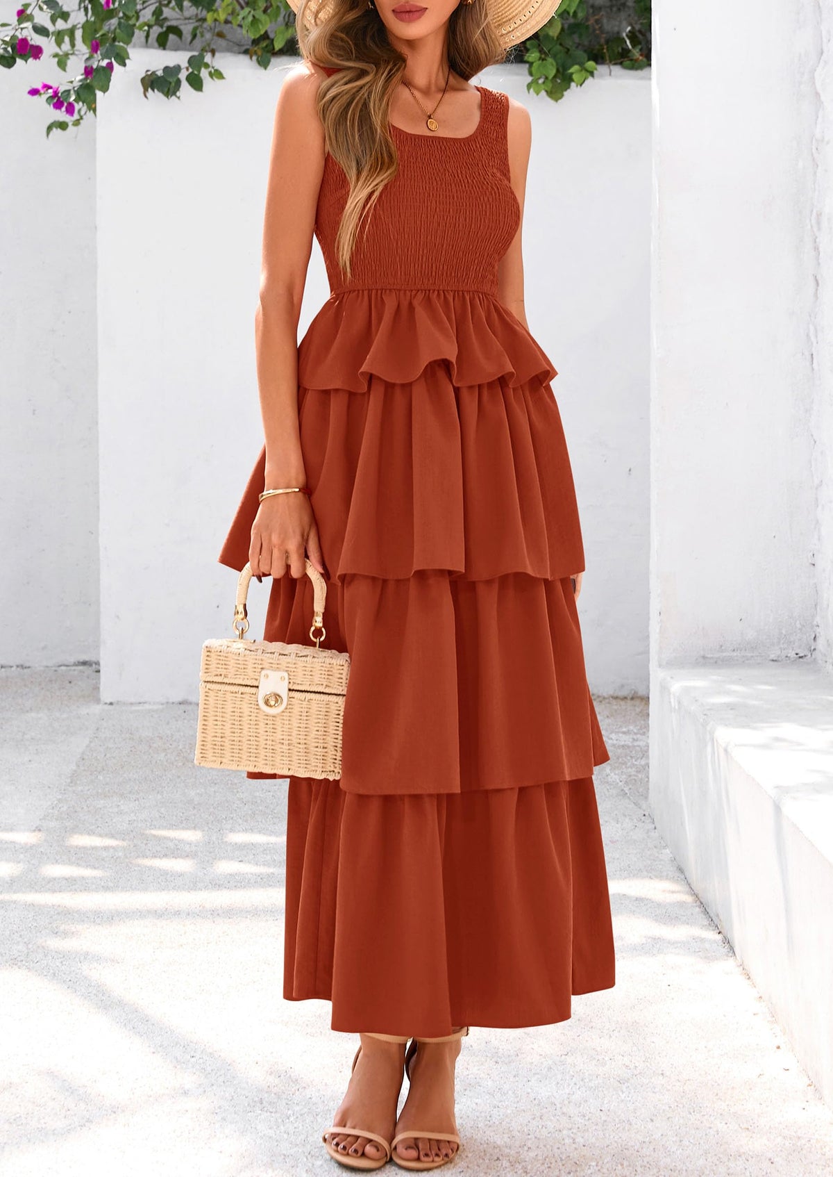 Sleeveless Scoop Neck Smocked A Line Tiered Beach Midi Dress