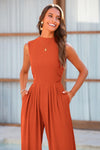 PRETTYGARDEN Womens Summer Jumpsuits Dressy Casual One Piece Outfits Sleeveless Mock Neck Wide Leg Pants Rompers with Pockets