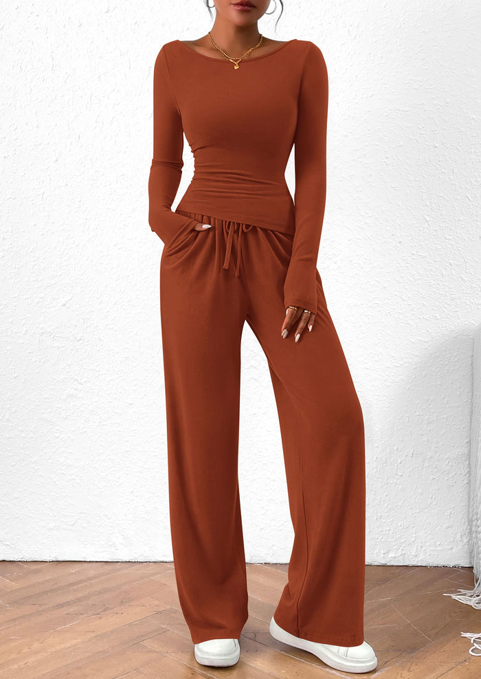 Asymmetrical Long Sleeve T-Shirt Wide Leg Pants Casual 2 Piece Sets