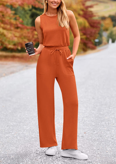 PRETTYGARDEN Jumpsuits Casual Outfits Sleeveless Wide Leg Long Pants Rompers