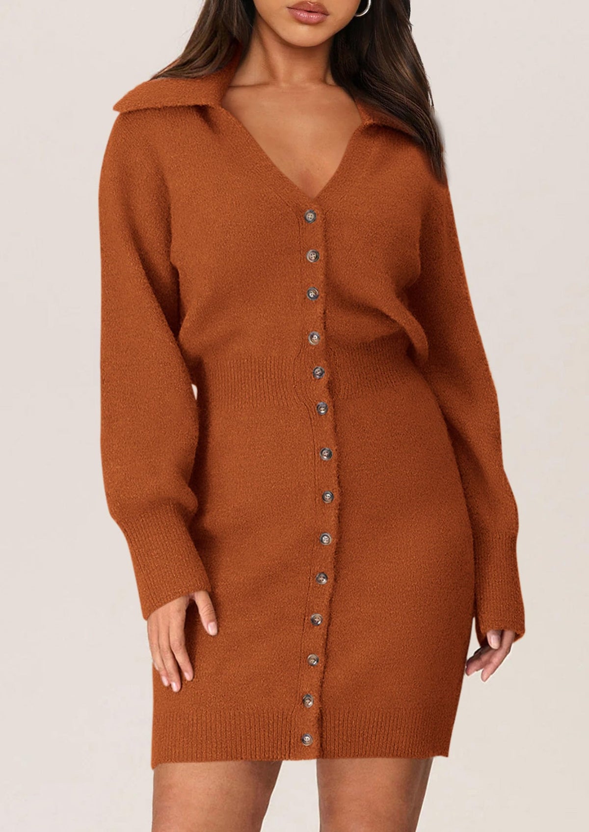 Long Sleeve V Neck Button Down Knit Pullover Sweater Dresses