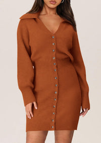 Long Sleeve V Neck Button Down Knit Pullover Sweater Dresses