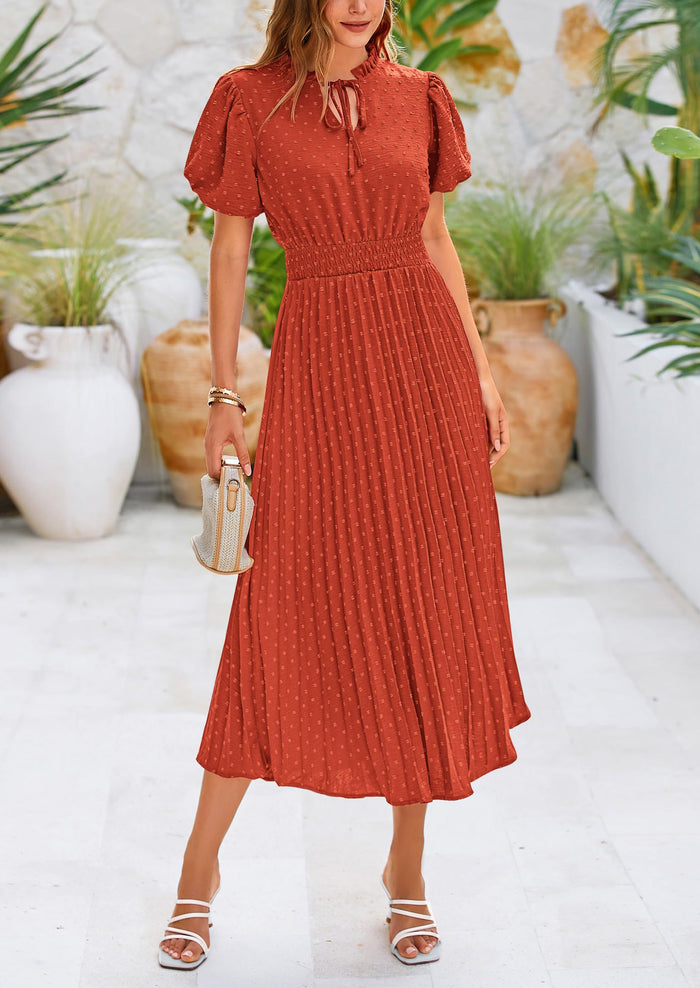 Swiss Dot Pleated A Line Casual Flowy Party Midi Dress