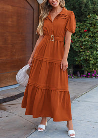 Puff Short Sleeve Lapel V Neck Tiered A-Line Flowy Party Dresses With Belt