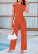 Casual Ruffle Cap Sleeves Crew Neck Rib Knit Jumpsuits