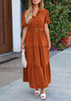 Puff Short Sleeve Lapel V Neck Tiered A-Line Flowy Party Dresses With Belt