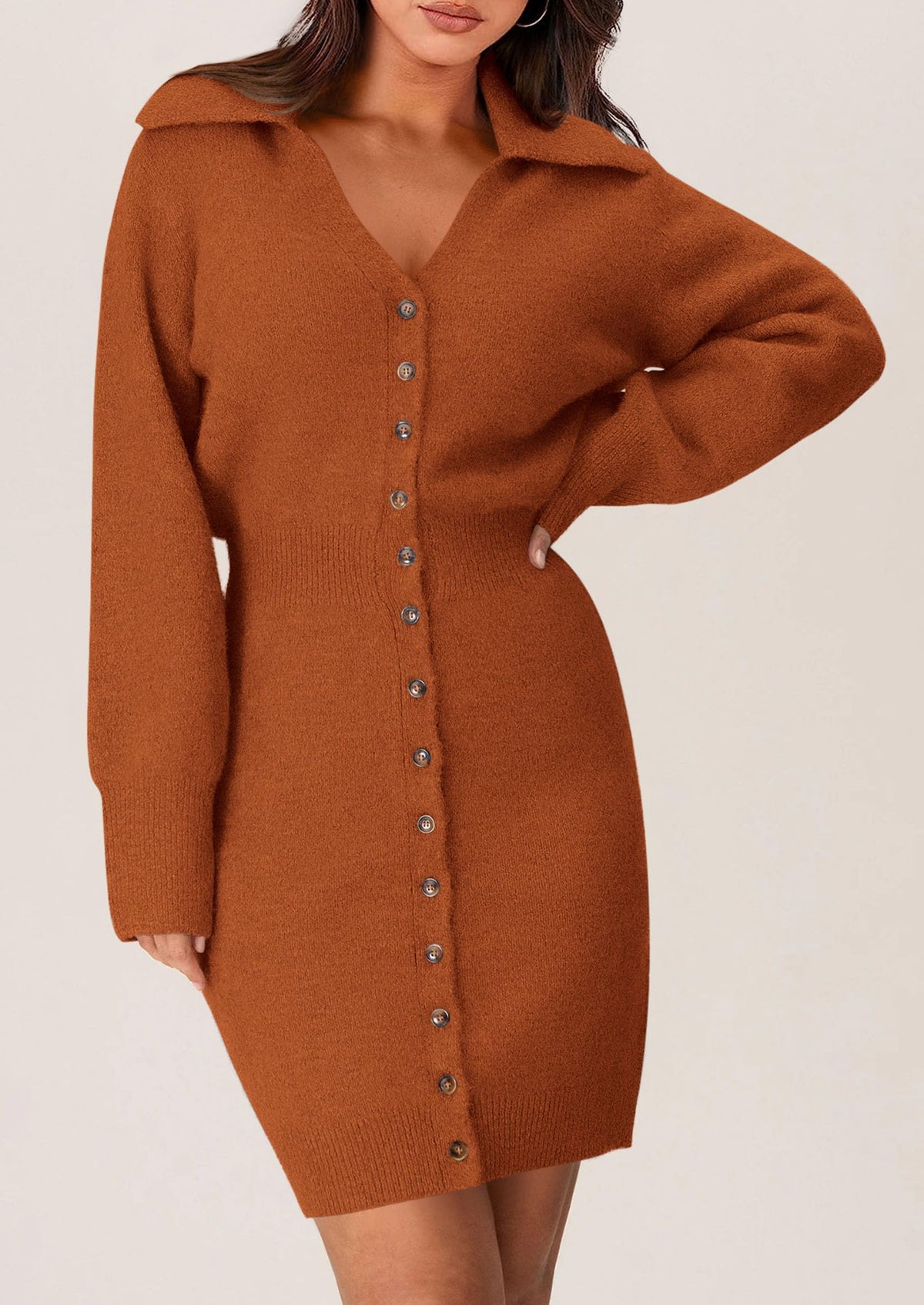Long Sleeve V Neck Button Down Knit Pullover Sweater Dresses