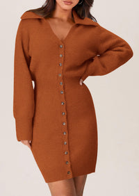 Long Sleeve V Neck Button Down Knit Pullover Sweater Dresses