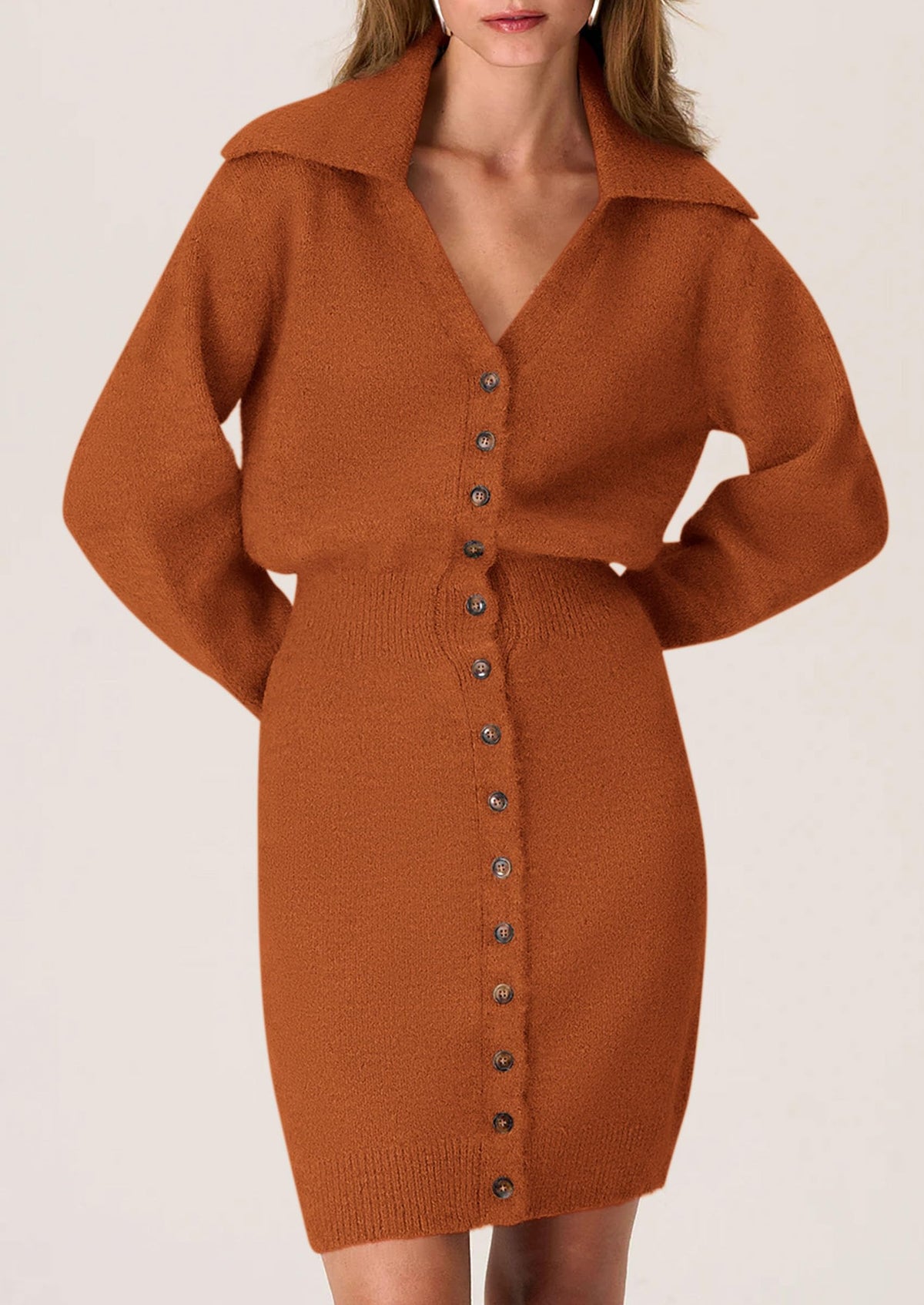 Long Sleeve V Neck Button Down Knit Pullover Sweater Dresses