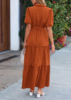 PRETTYGARDEN Women's Summer Maxi Dress Puff Short Sleeve Lapel V Neck Tiered A Line Flowy Elegant Party Dresses with Belt