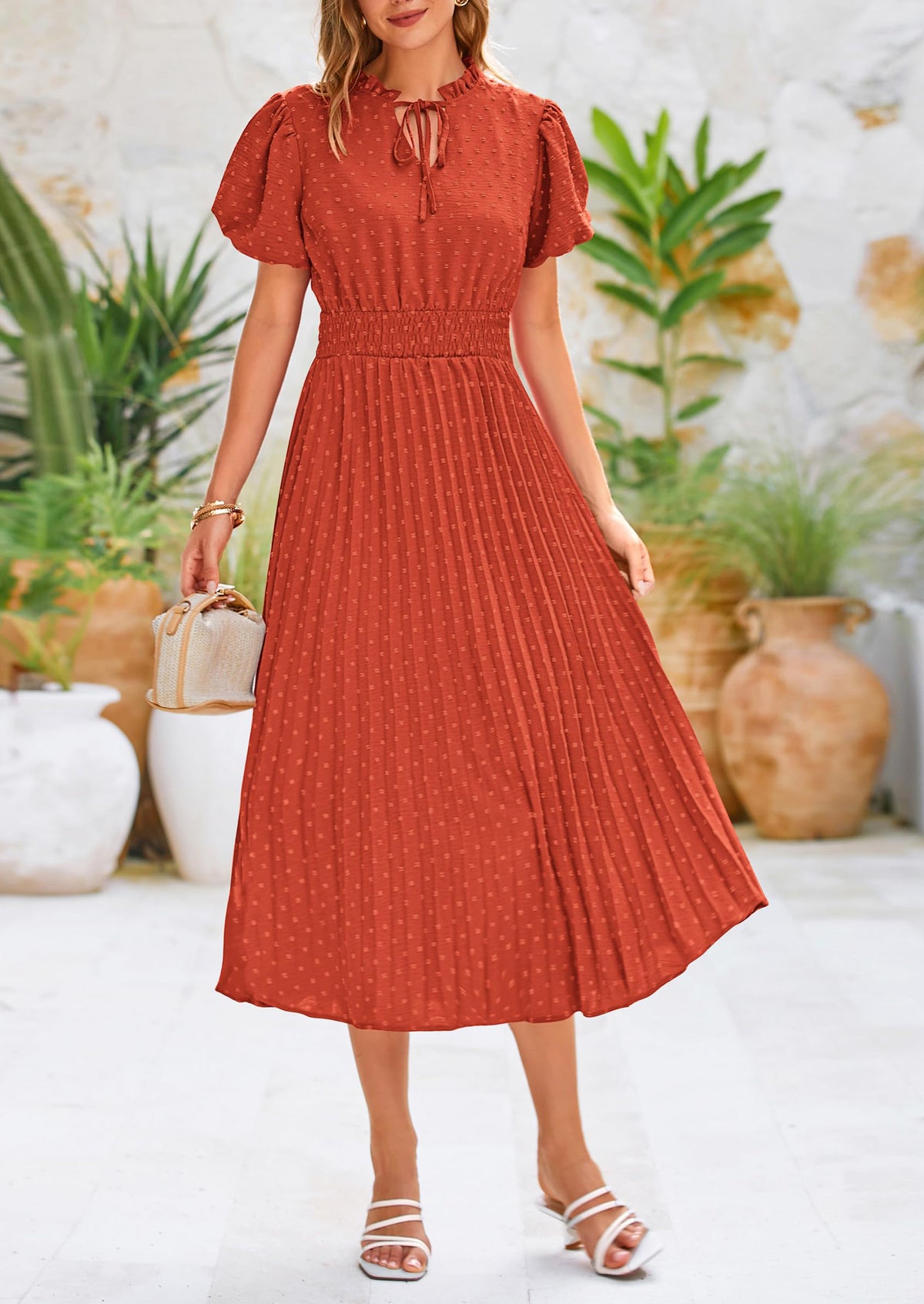 Swiss Dot Pleated A Line Casual Flowy Party Midi Dress
