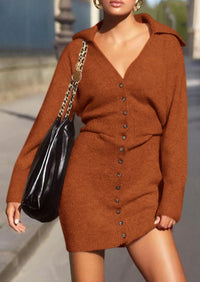 Long Sleeve V Neck Button Down Knit Pullover Sweater Dresses