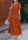 PRETTYGARDEN Women's Summer Maxi Dress Puff Short Sleeve Lapel V Neck Tiered A Line Flowy Elegant Party Dresses with Belt