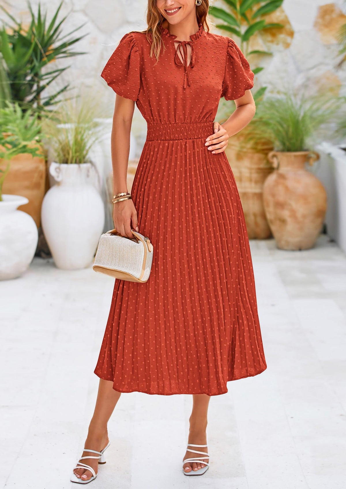 Swiss Dot Pleated A Line Casual Flowy Party Midi Dress