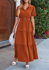 PRETTYGARDEN Women's Summer Maxi Dress Puff Short Sleeve Lapel V Neck Tiered A Line Flowy Elegant Party Dresses with Belt