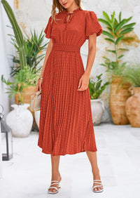 Swiss Dot Pleated A Line Casual Flowy Party Midi Dress