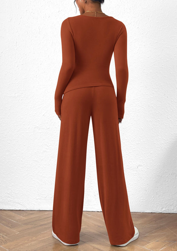 Asymmetrical Long Sleeve T-Shirt Wide Leg Pants Casual 2 Piece Sets