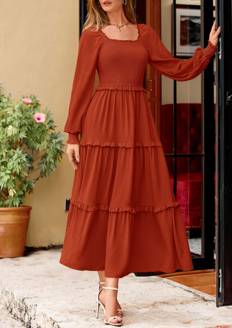 PRETTYGARDEN Women Fall Long Sleeve Smocked Maxi Dress Casual Square Neck Swiss Dot Tiered Ruffle Flowy Spring Pocket Dresses