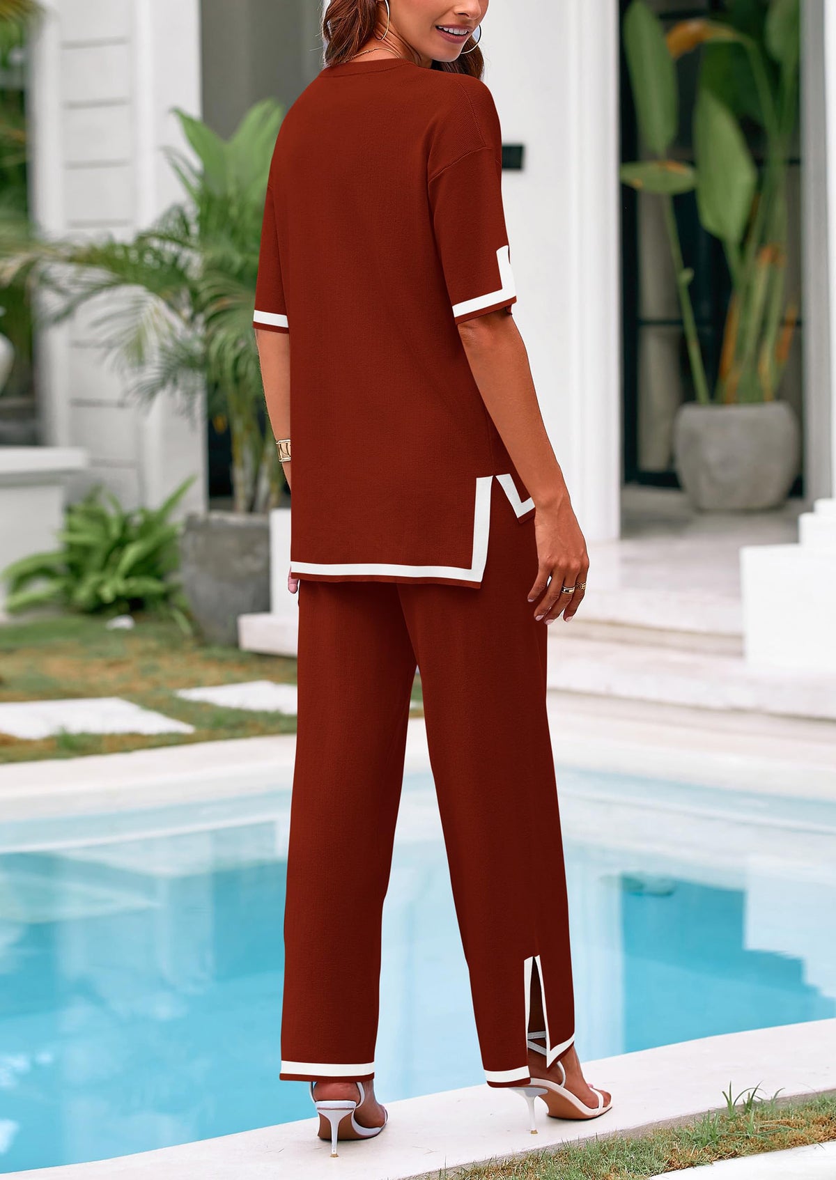Casual Short Sleeve Knit Sweater Tops Wide Leg Pants 2 Piece Sets