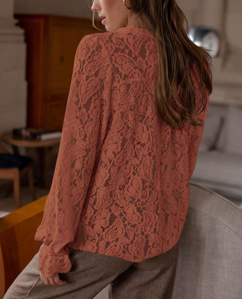 PRETTYGARDEN Women's Dressy Casual Lace Blouse Long Sleeve Button Up Shirts Tops Spring Fall Fashion Clothes