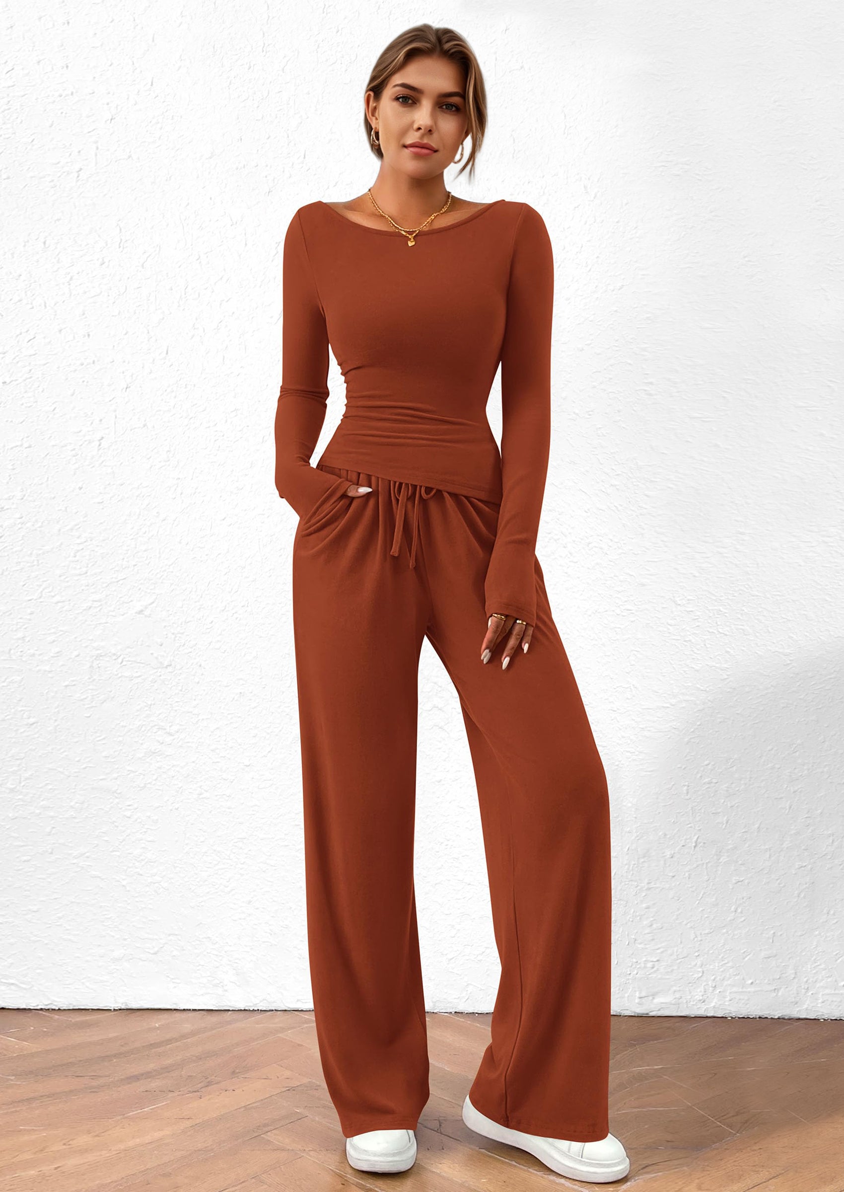 PRETTYGARDEN Women's 2 Piece Lounge Sets Asymmetrical Long Sleeve T Shirt Wide Leg Pants Casual Outfits Tracksuit