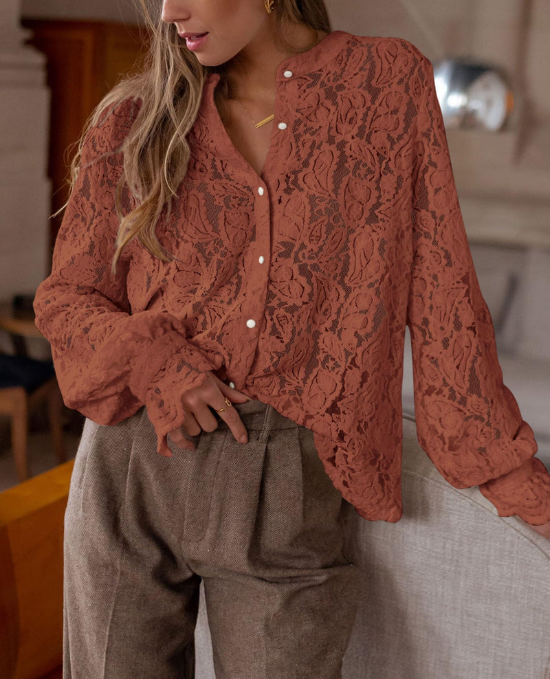 PRETTYGARDEN Women's Dressy Casual Lace Blouse Long Sleeve Button Up Shirts Tops Spring Fall Fashion Clothes